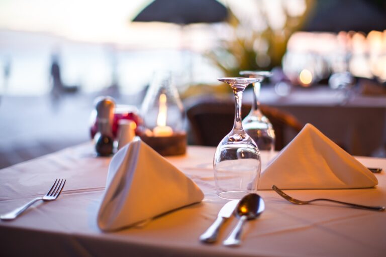 Close-up of glass with water in a restaurant in the evening