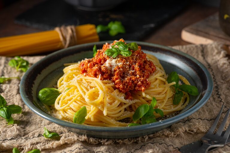Delicious pasta with basil, parmesan cheese and bolognese sauce