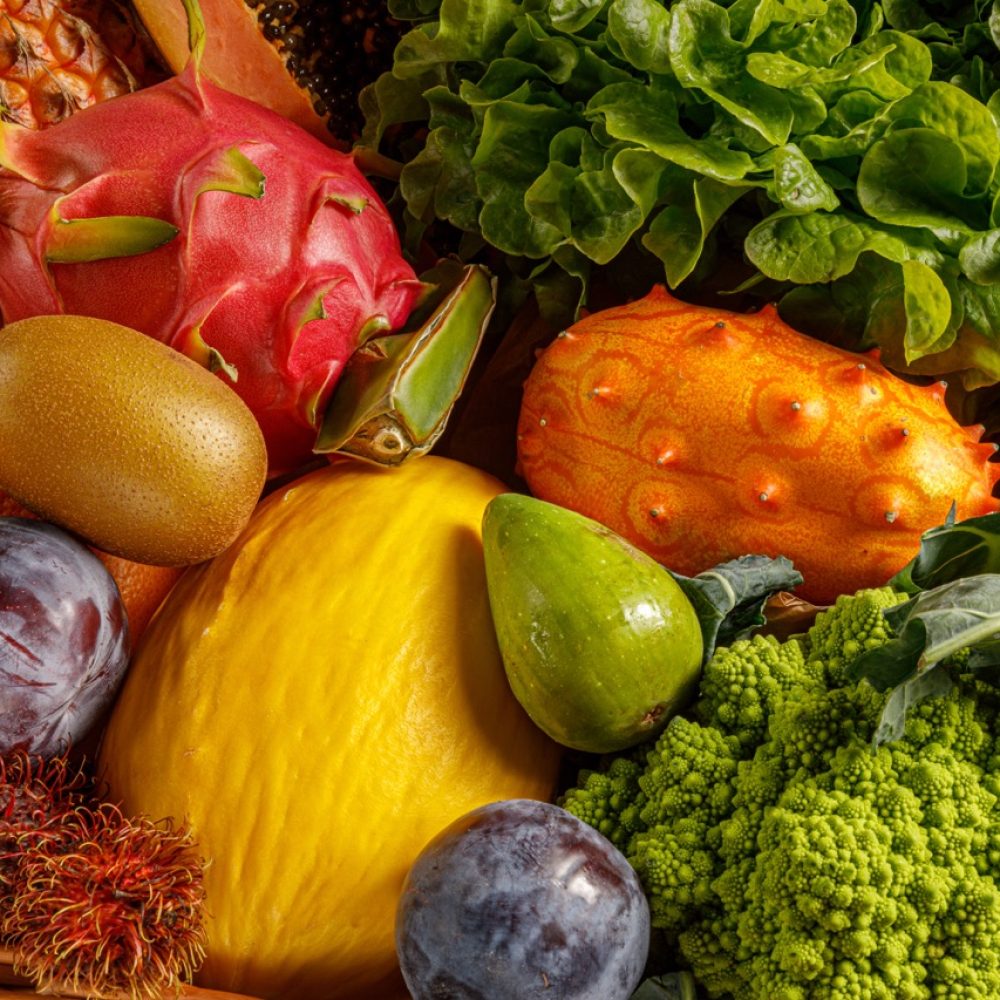 A vibrant and colorful selection of fresh fruits and vegetables beautifully showcasing the bounties of nature